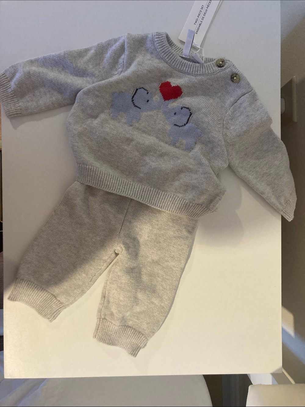 Janie and Jack Light Gray Knit Sweater with Blue Elephant Motif